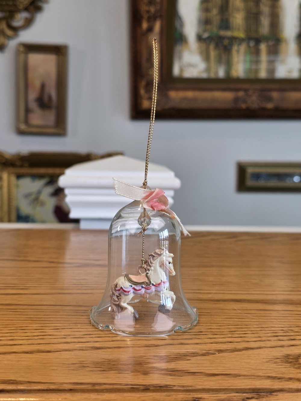 Glass Bell Ornament with Pink Carousel Horse - Home Holiday